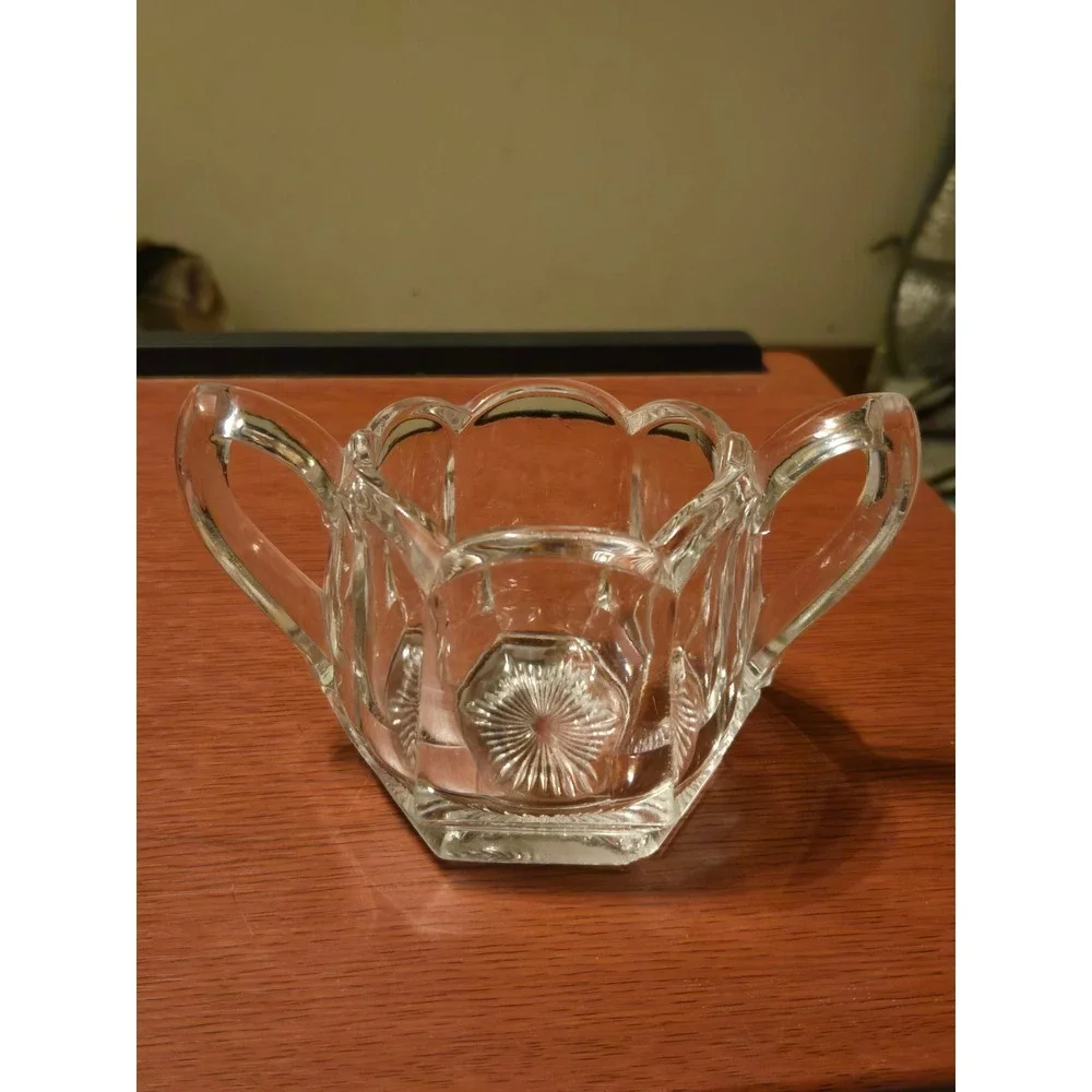 Vintage Pressed Glass Sugar Bowl Double Handle Scalloped Sunburst Hexagon Base